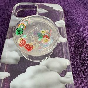 iPhone 13 clear case with clouds. Pop Socket included